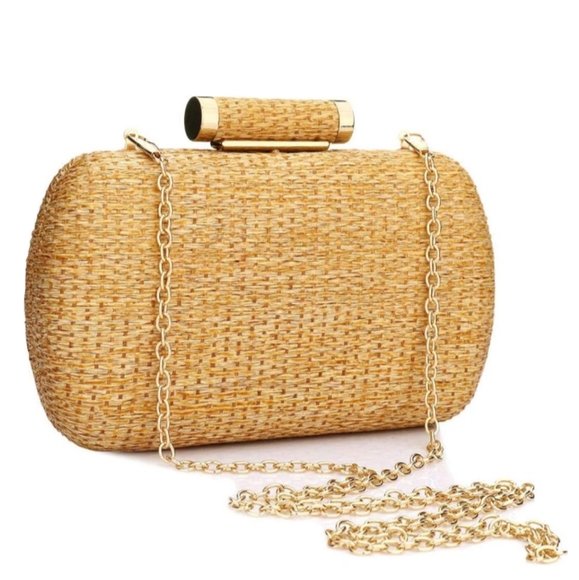 Tan Rattan Hard Case Clutch Purse Woven Wicker Handbag Crossbody Bag Long Chain - Picture 2 of 13